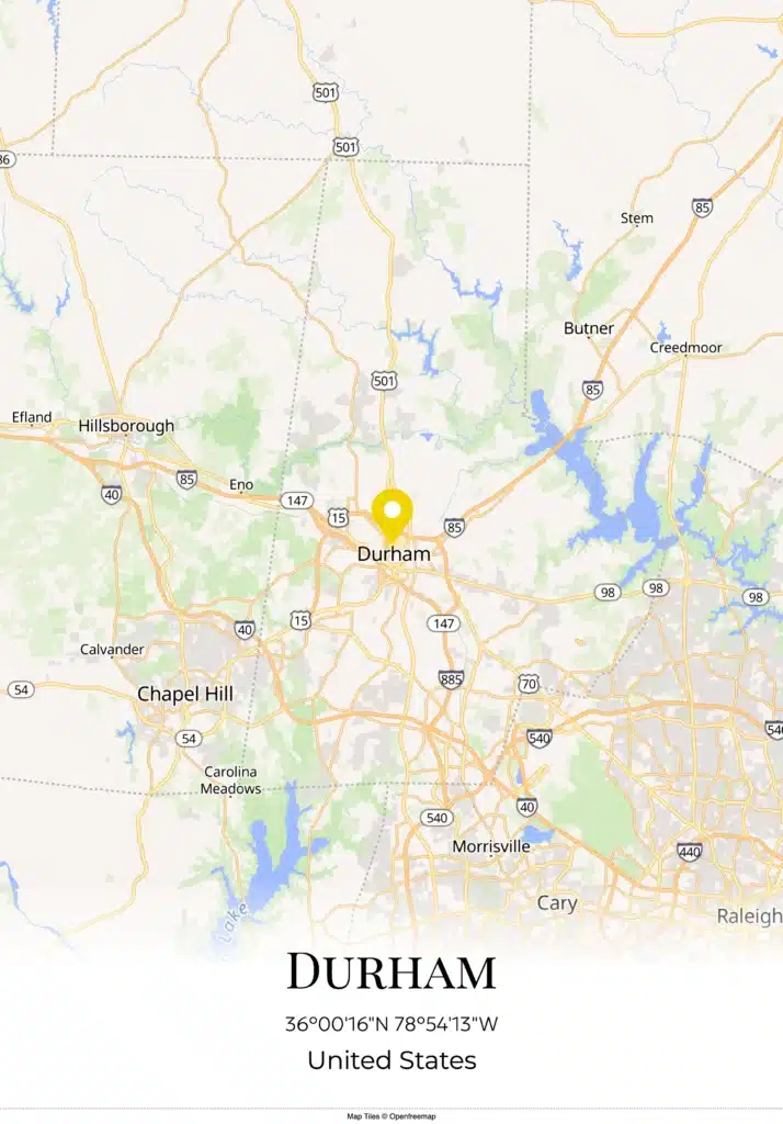Map of Durham, NC — luxury travel planning service area